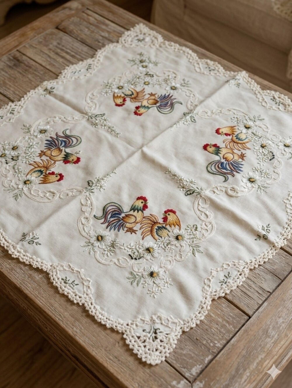 Vintage Embroidered Rooster Table Topper – Country Farmhouse Charm
